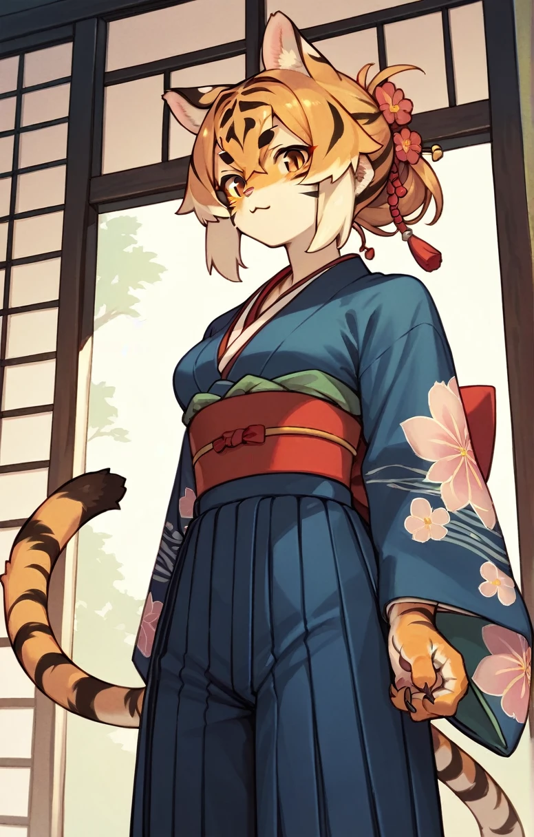 alone,kemono,Cat girl,(Tiger Girl,whole body,kimono,Hakama),Women&#39;s furry mini cute style,No background,humanoid cheetah,
