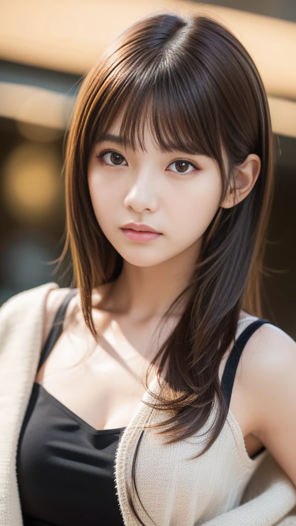 Ultra-high resolution, Superior Quality, Highest quality, Very detailed, Realistic, 8k, RAW Photos, Highest quality, masterpiece, Attractive girl, Awesome girl, Brown Hair, Shoulder-length layers, Asymmetrical bangs, K-POPアイドル, Sophisticated, stylish, White camisole, Black hibuya Ward, Semi-long hair