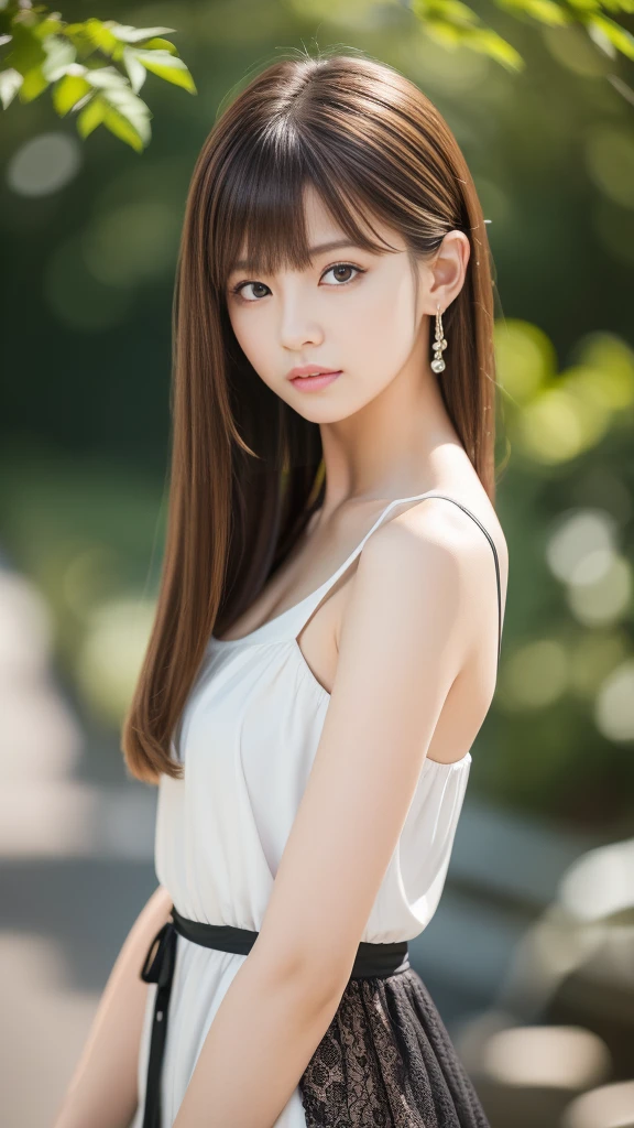 Ultra-high resolution, Superior Quality, Highest quality, Very detailed, Realistic, 8k, RAW Photos, Highest quality, masterpiece, Attractive girl, Awesome girl, Brown Hair, Shoulder-length layers, Asymmetrical bangs, K-POPアイドル, Sophisticated, stylish, White camisole, Black hibuya Ward, Semi-long hair