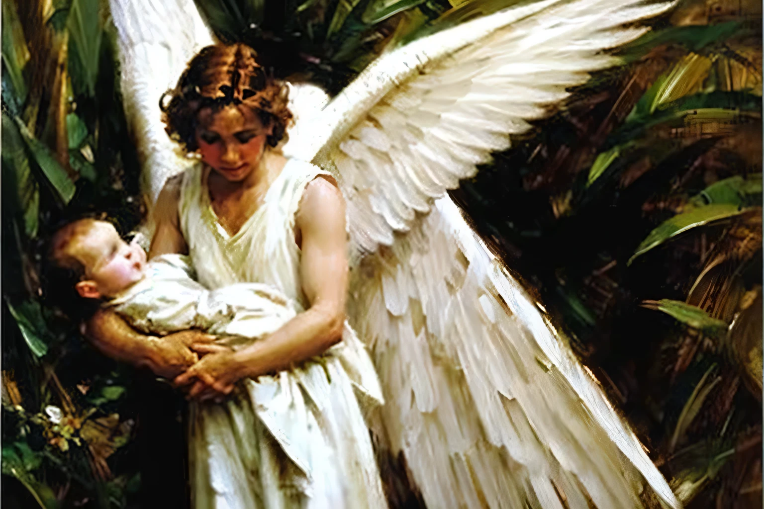 male angel with big white wing flying while carried male baby, high detail, oil painting style