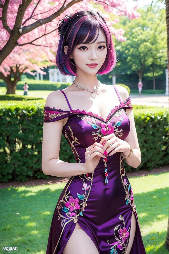 (masterpiece:1.4), (best quality:1.4), ultra high res, ultra high resolution, ((detailed facial features)), HDR, (realistic, photorealistic, photo-realistic:1.37), full body Esbian, sexy swedish model, (-anime), only 1 model, vivid colors, ((vivid colors multicolor (fuchsia, pink, light blue, purple) very short hair)), (seductive smile), lip-gloss, long lashes, defined eyebrows, wearing large sparkling colorful jewelery, wearing a red silk Paradise Kiss cosplay dress with black floral embroidery, ((vivid colors outfit)), vivid colors, look at the camera, cinematic light, large park background with trees, sweet and sexy pose