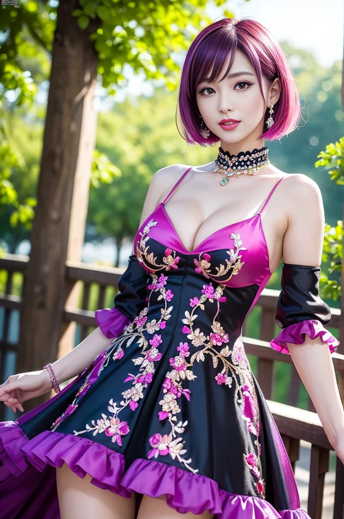 (masterpiece:1.4), (best quality:1.4), ultra high res, ultra high resolution, ((detailed facial features)), HDR, (realistic, photorealistic, photo-realistic:1.37), full body Esbian, sexy Vietnamese model, (-anime), vivid colors, ((vivid colors multicolor (pink, fuchsia, purple) very short hair)), (happy smile), lip-gloss, long lashes, ultra detailed metallic makeup, defined eyebrows, wearing large sparkling colorful jewelery, wearing a red silk Paradise Kiss cosplay dress with black floral embroidery, ((vivid colors outfit)), vivid colors, look at the camera, cinematic light, large park background with trees, sweet and sexy pose