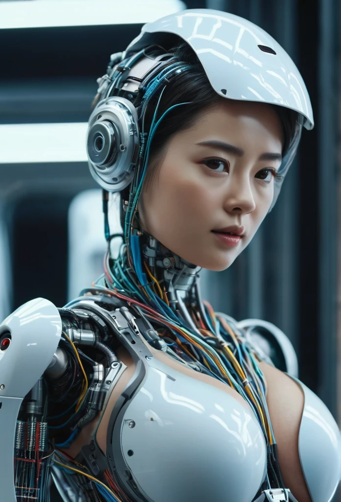 Top quality 8K ultra high definition work, masterpiece: 1.3, sharp focus: 1.2. One robot, the face is a human woman. The fuselage of the machine, countless cables, the oxygen inhalation mask, the glowing right eye, the metal tube, the spine, the heart. (natural colors, photos, 8K)、(((((sexy thighs))))) 、(((((whole body))))) 、(((((bra)))))
