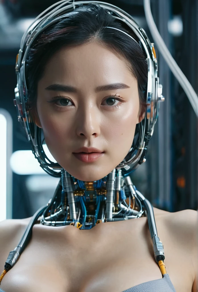 Top quality 8K ultra high definition work, masterpiece: 1.3, sharp focus: 1.2. One robot, the face is a human woman. The fuselage of the machine, countless cables, the oxygen inhalation mask, the glowing right eye, the metal tube, the spine, the heart. (natural colors, photos, 8K)、(((((sexy thighs))))) 、(((((whole body))))) 、(((((bra)))))