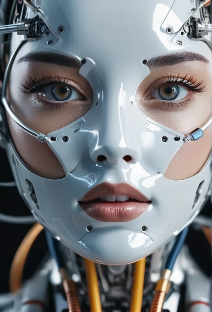 Top quality 8K ultra high definition work, masterpiece: 1.3, sharp focus: 1.2. One robot, the face is a human woman. The fuselage of the machine, countless cables, the oxygen inhalation mask, the glowing right eye, the metal tube, the spine, the heart. (natural colors, photos, 8K)、(((((sexy thighs))))) 、(((((whole body))))) 、(((((bra))))) 