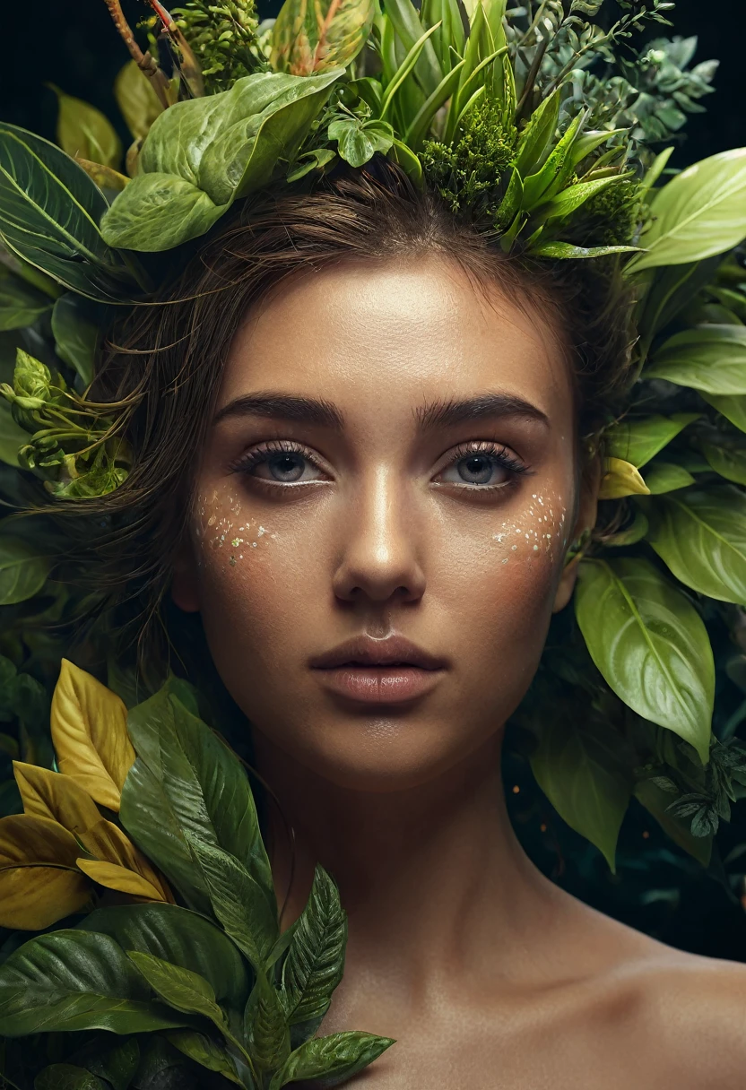 Surrealistic portrait: Create a portrait of a character by mixing realistic and surreal elements. For example, you can combine the human face with elements of animals, plants or inanimate objects.front focus), (in the dark:1.6), portrait, fantasy art, realistic photo, dynamic lighting, artstation, poster, volumetric lighting, very detailed body, 4 k, award-winning, Fully Naked Pose.