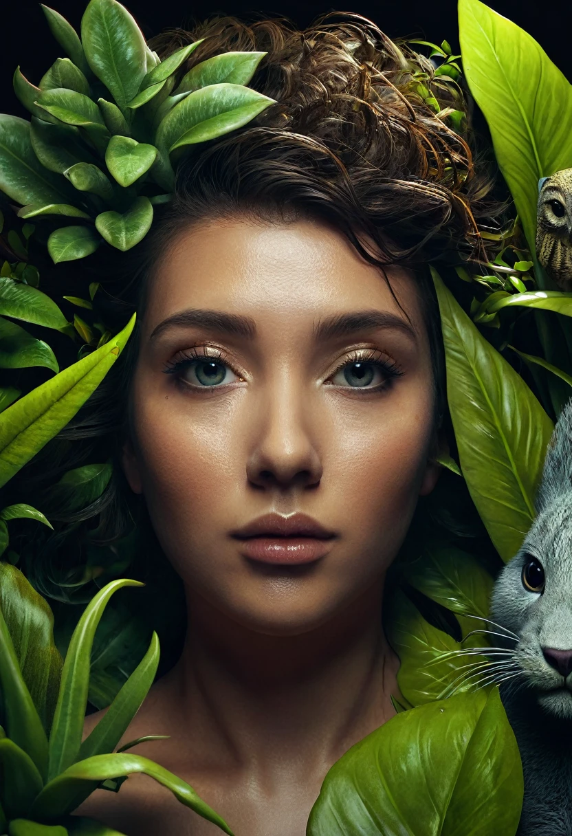 Surrealistic portrait: Create a portrait of a character by mixing realistic and surreal elements. For example, you can combine the human face with elements of animals, plants or inanimate objects.front focus), (in the dark:1.6), portrait, fantasy art, realistic photo, dynamic lighting, artstation, poster, volumetric lighting, very detailed faces, 4 k, award-winning , full nude