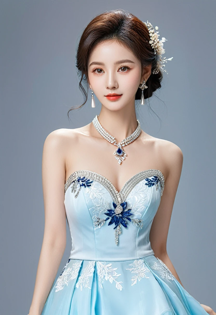 Realistic photo style, whole body 사진에 아름다운 아시아 소녀가 등장합니다., Wearing a unique ethnic style evening gown with delicate skin., bright and lively eyes, Thick eyelashes that look especially attractive. Long dresses are slim and elegant., Eye-catching silver jewelry and alcohol. The high-collar design adds an elegant atmosphere., Color of blue and white porcelain. using light and shadow, The vivid and harmonious appearance of the protagonist is highlighted... whole body, (masterpiece, best quality, professional, perfect composition, very aesthetic, absurd, very detailed, intricate details:1.3)