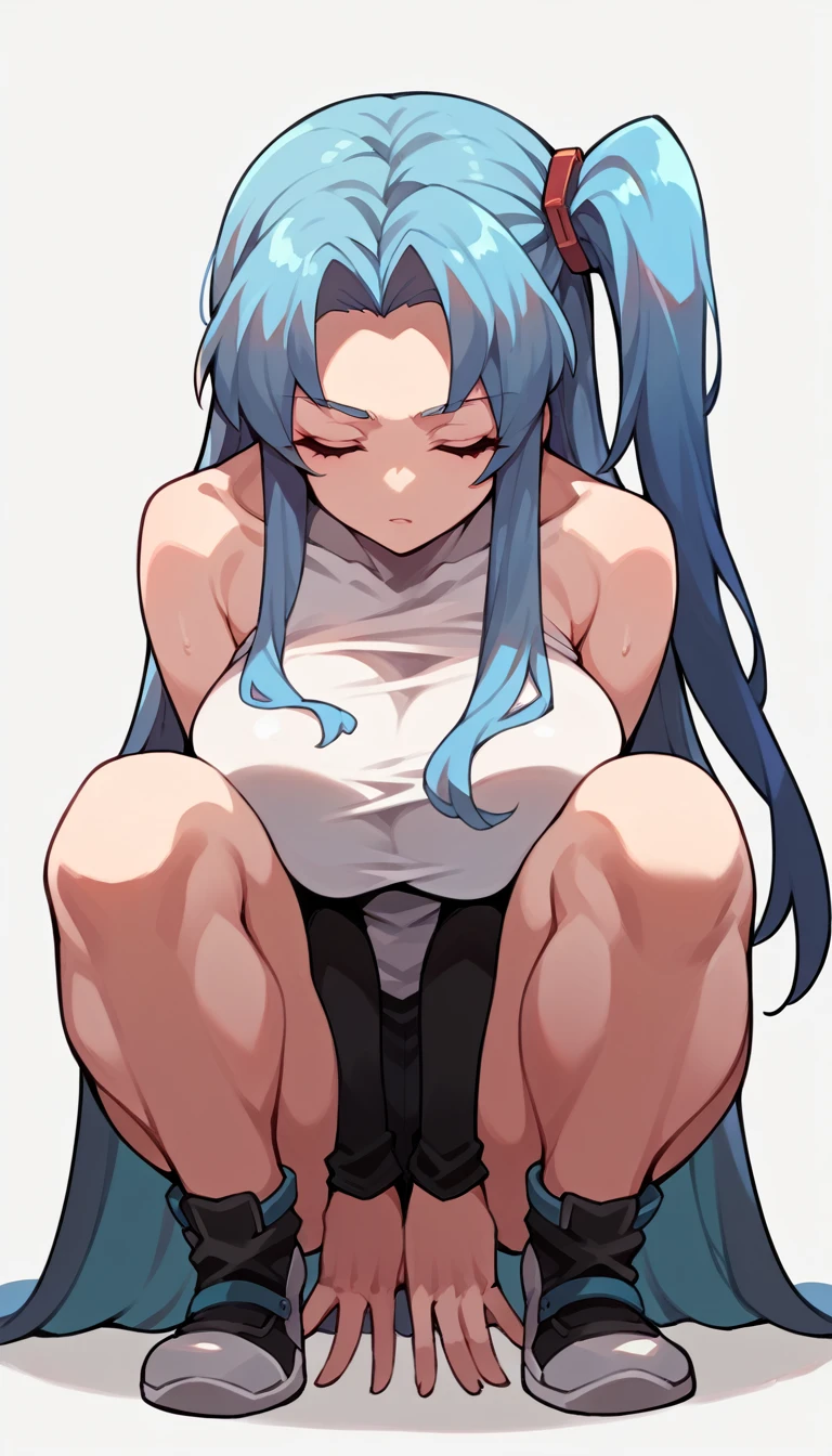 Hatsune miku x suicune add_detail:1 aqua fur Masterpiece High quality High resolution、Anna Tanaka , wide, Sit with your knees bent、Eight-headed body、beauty legs 、At a school、As if looking up from below、embarrassed add_detail:1 nude, Creampie Pussy