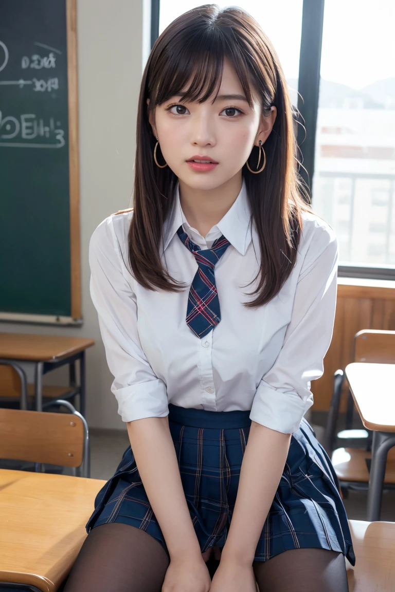 ((Highest quality, 8k, masterpiece: 1.3, One Girl, beautiful girl)), cute, dynamism, Detailed face, Detailed skin, Detailed clothing, Detailed eyes, Detailed lips, Detailed tongue, Detailed fingers, Mouth Details, Realistic, RAW Photos, High resolution, Natural light, Dynamic pose, Perfect Anatomy, Toned Legs, double eyelid, Tear bags, Round eyes, Moisturized lips, Sweaty, ((This passage, Marine Kitagawa)) Blonde and pink hair, Metal collar, ear Earrings, Earrings, Long Hair, Earrings, Red eyes, Straight hair, Swept-apart bangs, Gradient Hair, School uniforms, White shirt, tie, Checkered Pleated Skirt, Ecstatic face, Ahegao, Drooling, View your audience, (pantyhose, Pull down your panties, Grab your chest), In the classroom at dusk, Butt thrusting、I can see your pants。