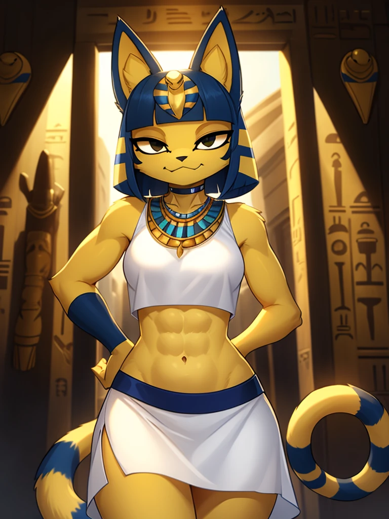((masterpiece)), ((best quality)), ((perfect face)), trending on artstation, furry, furry style , anthro style, digital artwork of a sexy ankha with rock hard abs, a bare midriff and a bare navel wearing a crop top of her sleeveless white dress with long white dress skirt, blue Egyptian handbands, yellow and blue fur, cat, tail, female, Egyptian setting, smug face, Egyptian necklace