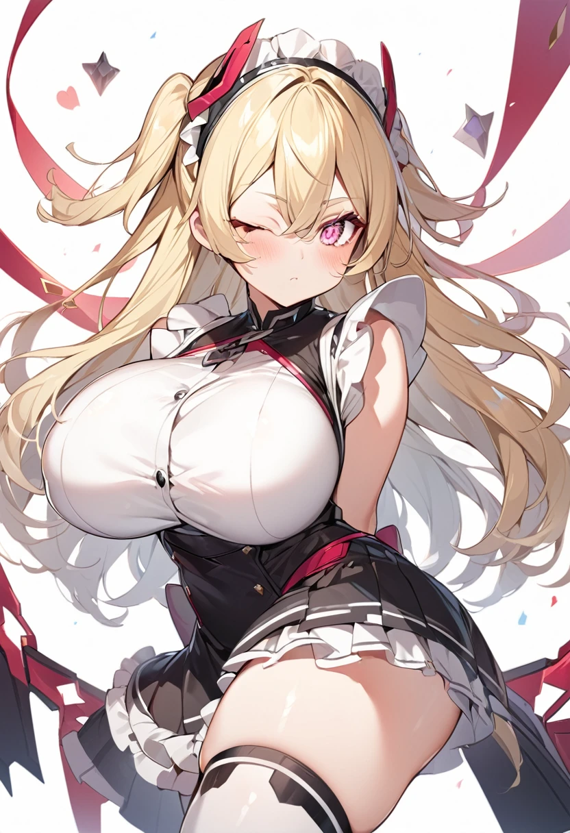 (One girl)、medium length hair、(sidelock)、((Blonde))、(slan eyes)、（boyish）、cute、(Big super breasts)、((Chubby))、Maid、No sleeve、mini skirt、White sleeveless、thigh-high socks thighhighs、(long gloves)、hairs between eyes、(coarse hair)、[flipped hair]、pink eye、expressionless、one eye closed、arm behind back、two side up、White Background、