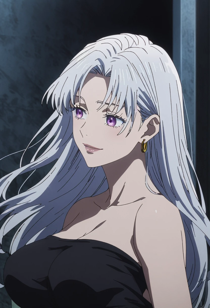 1girl, female gojo satoru, anime screencap from jujutsu kaisen, gojo satoru female version, solo, long_hair, ((purple eyes)) ((White_hair, hair parted from between)), night view, (hanging breasts) upper_body, smile, indoors, book, lips, (long hair) ((wearing black one piece, glossy)) breast, "very detailed and high resolution" (purple eyes) ((solo)) (((front view))) (earings) ((high resolution)) ((good quality)) ((silky hair, hair slicled back from one side)) ((shy))