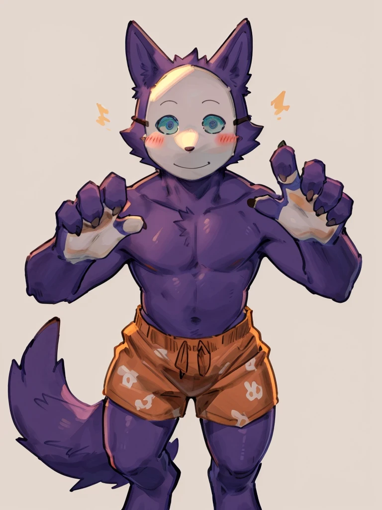 score_9,score_8_up,score_7_up, anthro raccoon, lynx, hybrid, furry art, long hair, hair over shoulder, shirtless, ((shota)), (purple fur), purple body, ((soft body)), fuzzy, one fang, purple eyes, solo focus, kemono, cute, ((eyeliner)), mascara, eyelashes, collar,  young, narrowed eyes, between legs, 3d, blender software, smug face, fullbody, floppy ears, navel, (muscular male), ((pecs)), belly, erect penis, view from below, nipples, hand on butt, nipple piercing, ear piercing, back view, penis focus, lingerie, sports pants, ((action pose)), shoulder tuft, chest tuft, excessive fluff, (chest fur), (neck fur), (neck tuft), hands on hips, belt, arm band, sitting on knees, oral penetration,