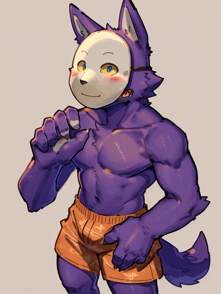 ((Best quality, masterpiece, detailed anatomy, detailed eyes, detailed hands, perfect lighting, perfect shading,)), by Buta99, by Zackary911, 1male, Kedamono, Wolf, purple furs, tight body, eyes, mask, skinny chub body, young body, shirtless, orange shorts, barefoot, at the white background