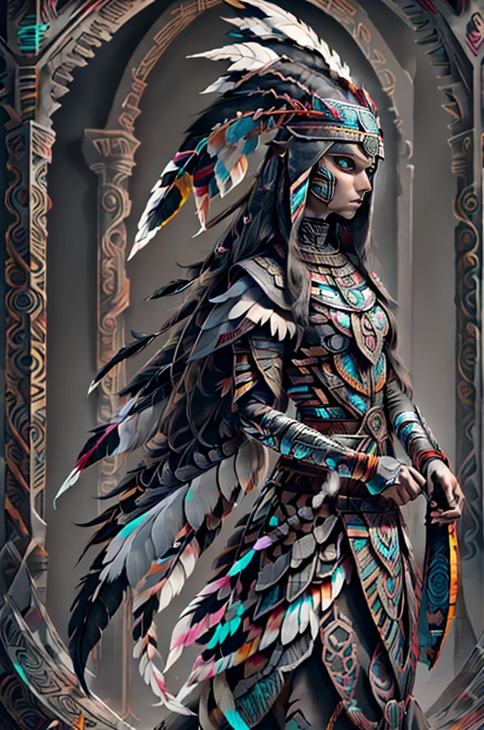 medieval fantasy, female lamia, (black iris), (grey pulil), black snake tail, (long white hairs), ((very pale skin)), ((black feather headress)), feather crown, aztec, azt3ch