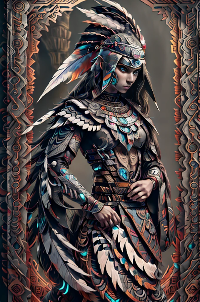 medieval fantasy, female lamia, (black iris), (grey pulil), black snake tail, (long white hairs), ((very pale skin)), ((black feather headress)), feather crown, aztec, azt3ch