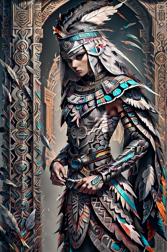 medieval fantasy, female lamia, (black iris), (grey pulil), black snake tail, (long white hairs), ((very pale skin)), ((black feather headress)), feather crown, aztec, azt3ch