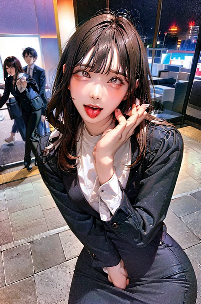 Window glass in the background,Night view,room,desk,computer,monitor,allfours:1.5,masterpiece,quality,High resolution,高quality,Realistic,Brown Hair,blunt bangs,business suit,Pencil Skirt,Black jacket,White collared shirt,whole body,Ahegao,Drooling:2.0,Sweat:2.0,High heels,Male hand,Blue remote controller