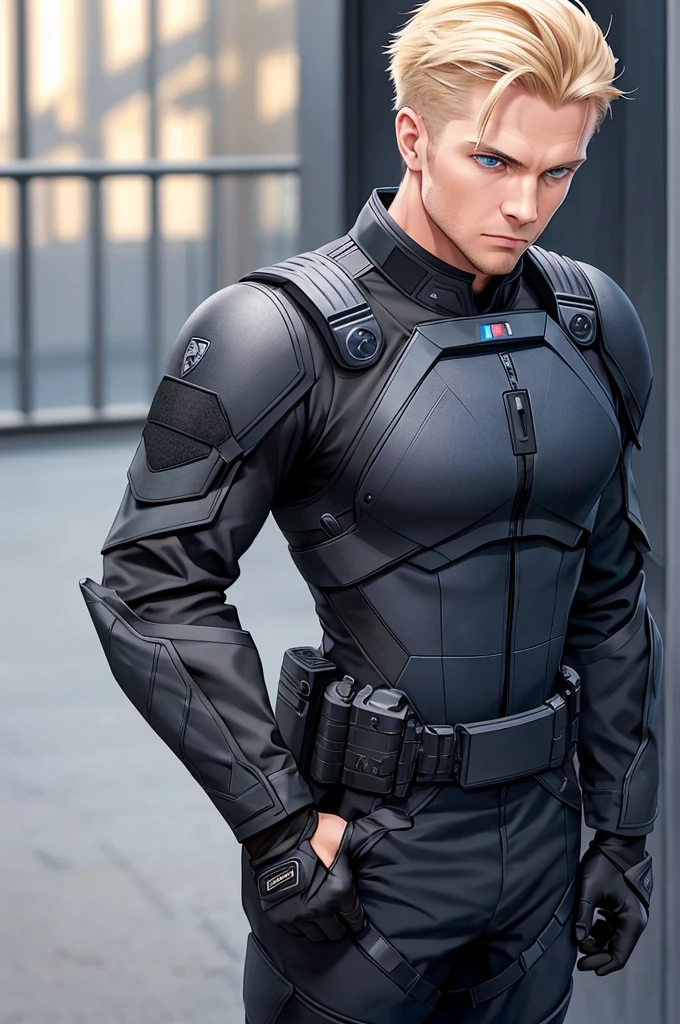 The photo captures a confident, determined man with striking blond hair and piercing blue eyes. Hands behind back He is dressed in a sleek, highly detailed tactical black SWAT suit, exuding an aura of readiness and vigilance. His posture radiates a sense of strength and preparedness, suggesting a vigilant protector ready to tackle any challenge. The attire accentuates his focused demeanor, symbolizing an unwavering commitment to upholding safety and security.