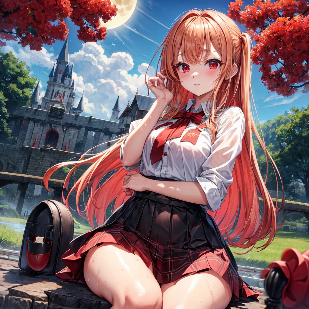 Red Blonde、Red eyes、One beautiful girl、solo、And soul、Light clothing、Checked mini skirt、petal、Wet your hair、Sit on、black t-shirts、large tree、cloud、full moon、railway crossing、monster castle、lanthanum、Hell's Gate、Craft Gatekeeper