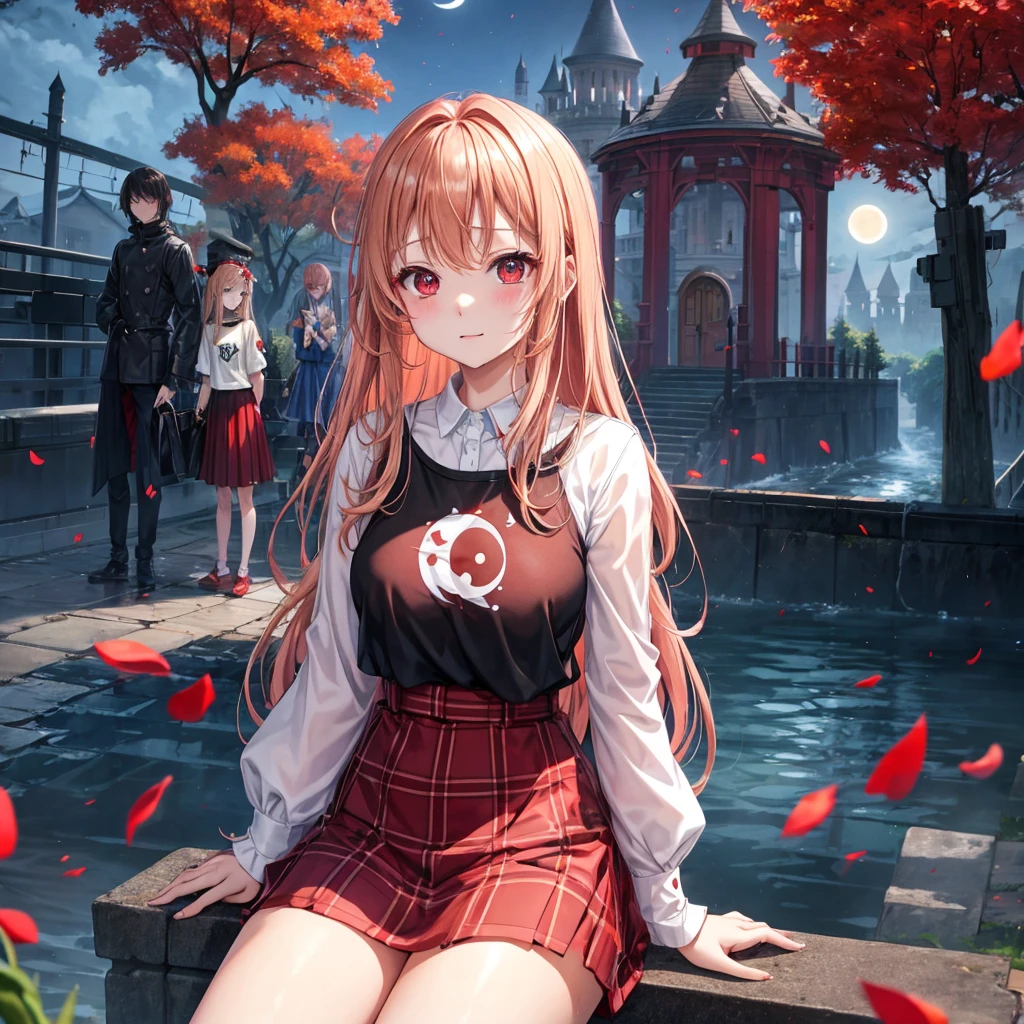 Red Blonde、Red eyes、One beautiful girl、solo、And soul、Light clothing、Checked mini skirt、petal、Wet your hair、Sit on、black t-shirts、large tree、cloud、full moon、railway crossing、monster castle、lanthanum、Hell's Gate、Craft Gatekeeper