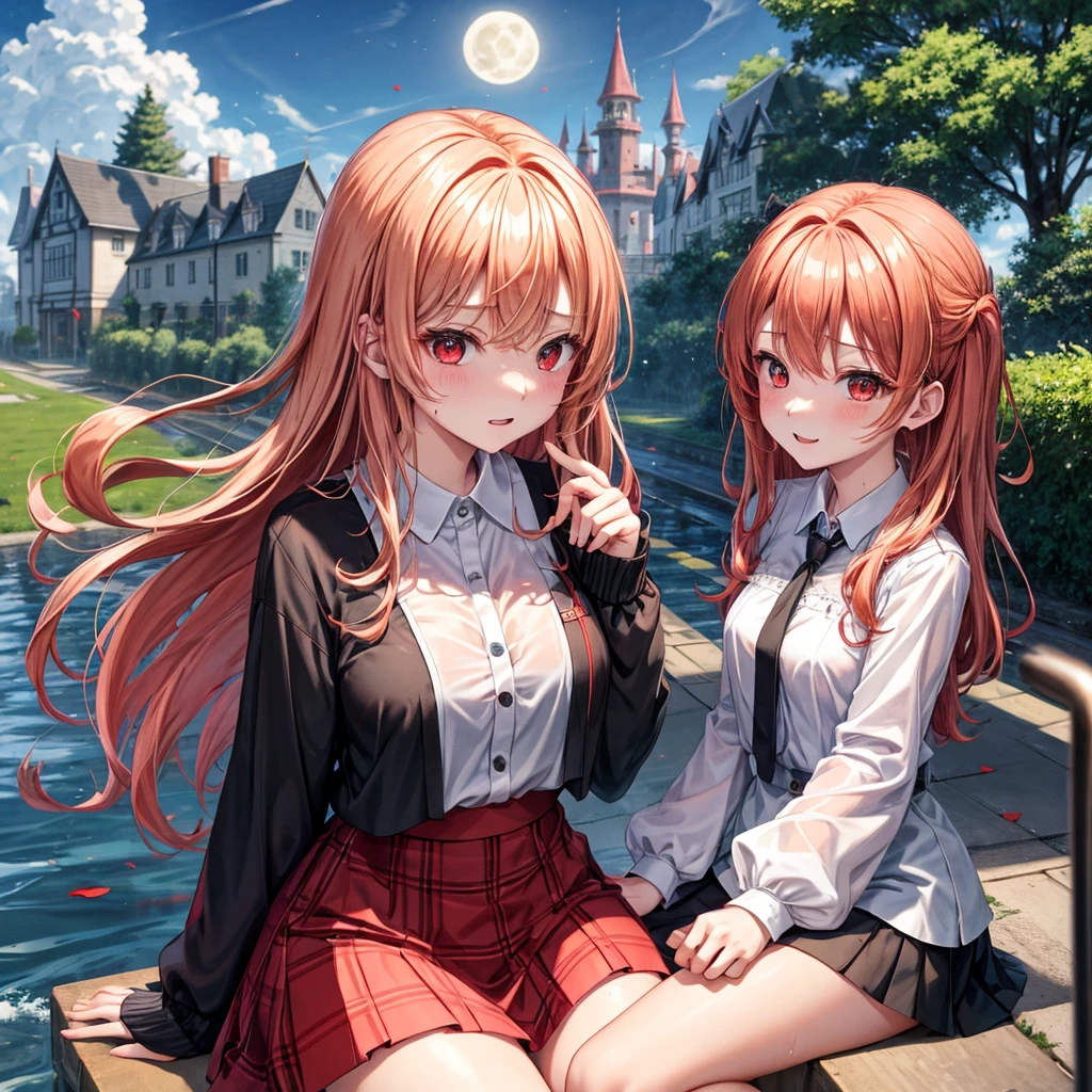Red Blonde、Red eyes、One beautiful girl、solo、And soul、Light clothing、Checked mini skirt、petal、Wet your hair、Sit on、black t-shirts、large tree、cloud、full moon、railway crossing、monster castle、lanthanum、Hell's Gate、Craft Gatekeeper