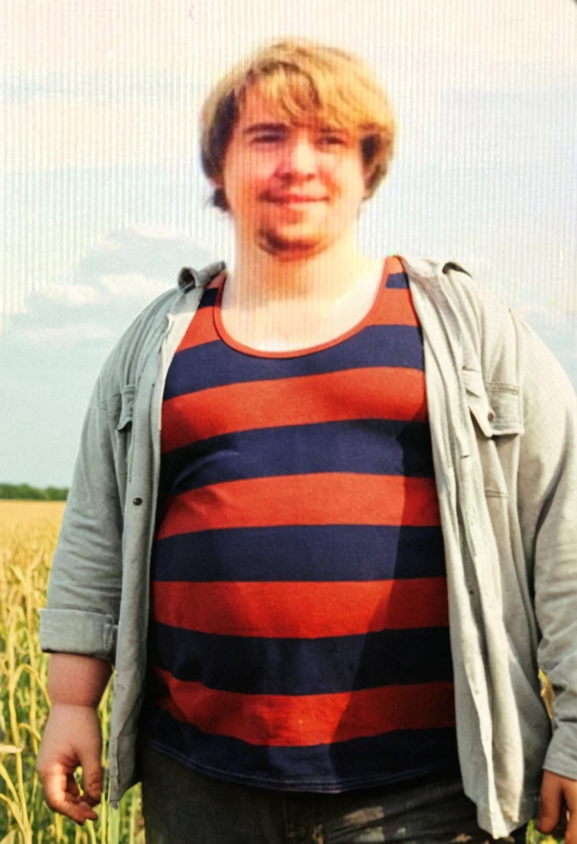A man is standing in the field, he is shirtless, chubby, fat, he has a round belly, thick love handles,