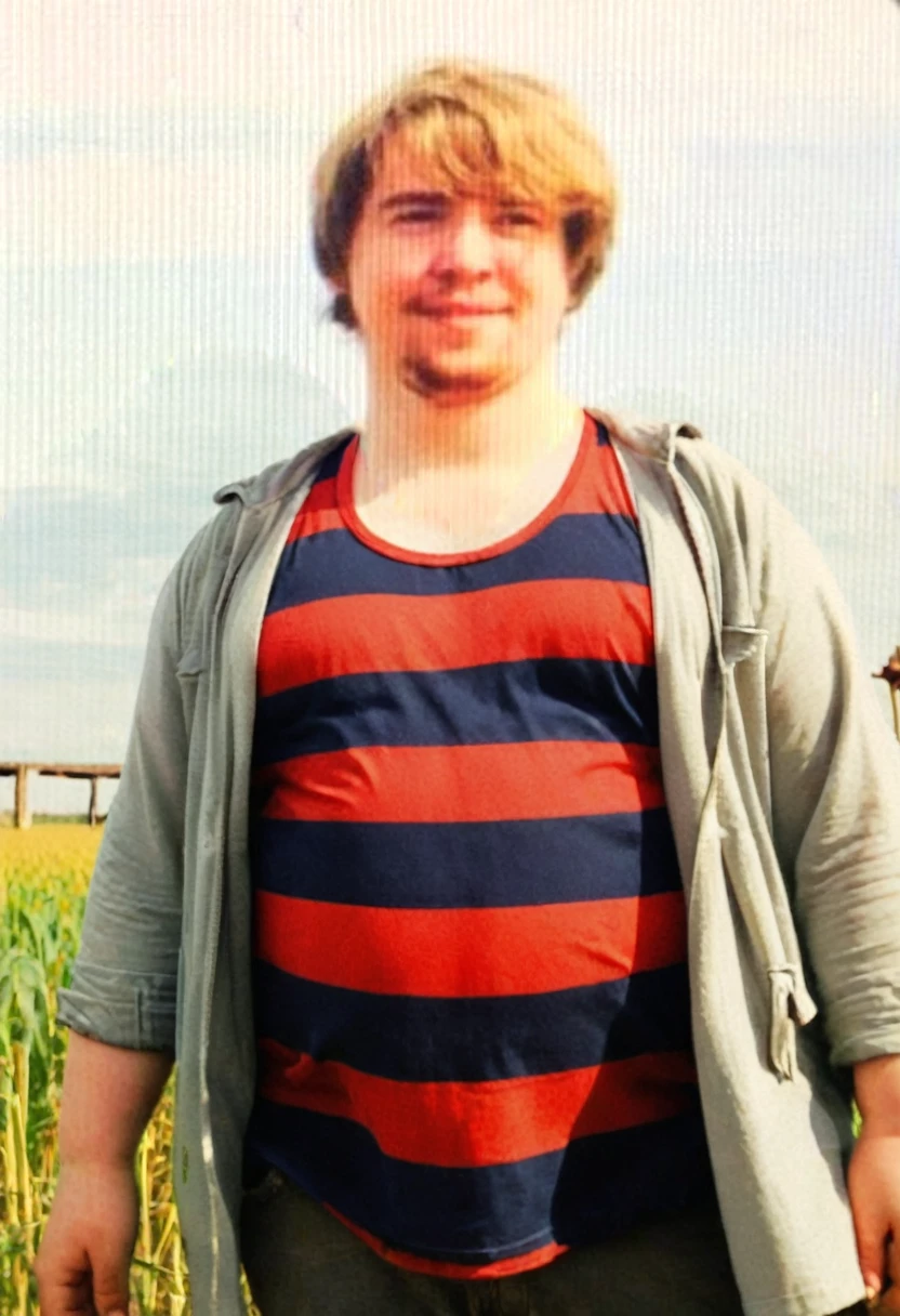 A man is standing in the field, he is shirtless, chubby, fat, he has a round belly, thick love handles,