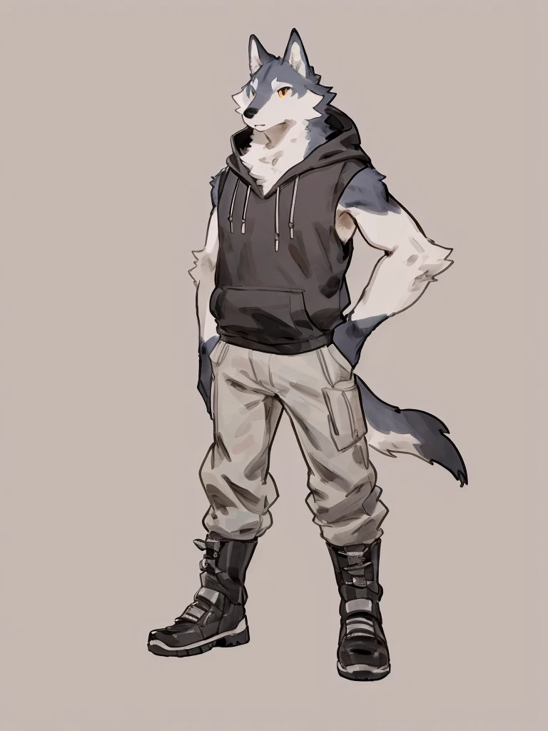 ((Best quality, masterpiece, detailed ???????, detailed eyes, detailed hands, perfect lighting, perfect shading, no color, sketch line art)), by Buta99, by Bebebebebe, 1male, Wolf, furs, tight body, eyes, skinny chub body, young body, sleeveless hoodie, pants, boots, at the white background 