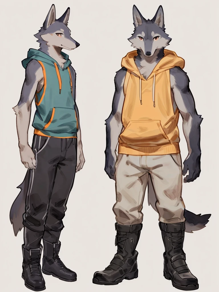 ((Best quality, masterpiece, detailed anatomy, detailed eyes, detailed hands, perfect lighting, perfect shading, no color, sketch line art)), by Buta99, by Bebebebebe, 1male, Wolf, furs, tight body, eyes, skinny chub body, young body, sleeveless hoodie, pants, boots, at the white background 