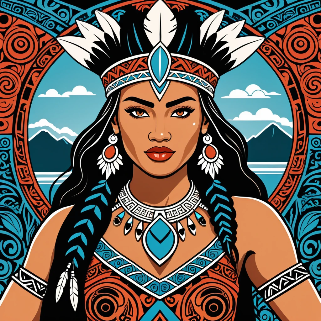 viking amazon in maori folk outfit, vector graphics, strong contours
