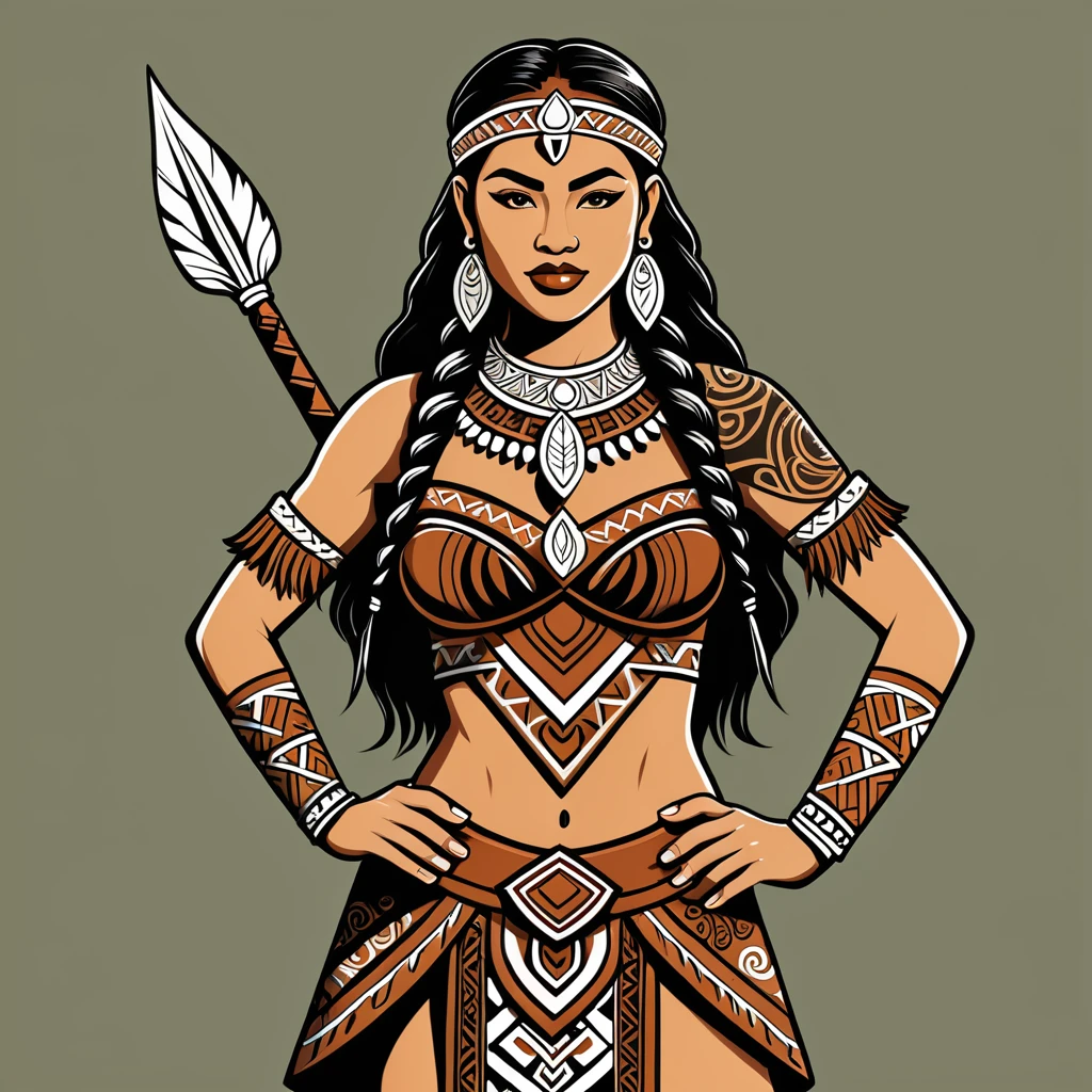 viking amazon in maori folk outfit, vector graphics, strong contours
