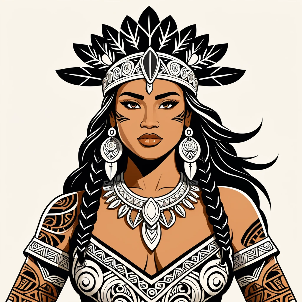 viking amazon in maori folk outfit, vector graphics, strong contours