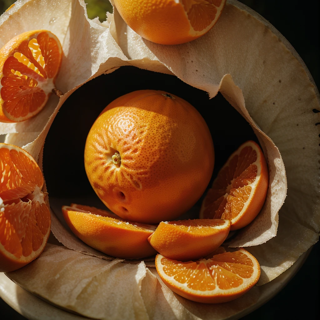 There is one frozen mandarin orange in the center of the screen.