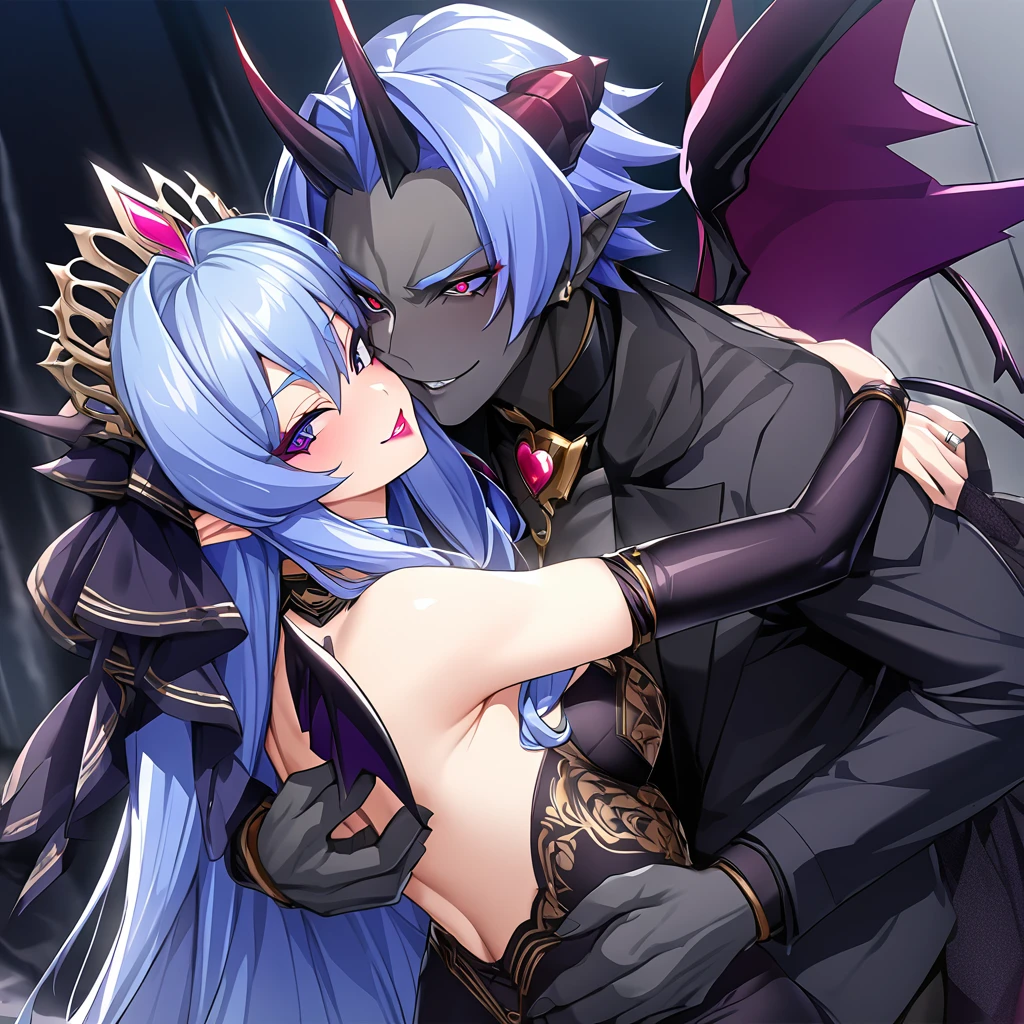 ((Highest quality)), ((masterpiece)), (detailed), （Perfect Face）、The woman is hugging and kissing the great evil demon king man、The woman is a beautiful, jet-black female demon, the queen of evil, Devil Extia, with medium-long blue hair, wearing a luxurious black wedding dress with gold embroidery and trim, a black wedding veil, an engagement ring, luxurious accessories, lipstick and makeup, and an elegant, beautiful female demon, the Demon Queen.、A great demon with jet black skin, evil devil horns, devil wings and a devil tail.、The woman looks happy、The man is a great and powerful demon king, favored by the majestic demons.