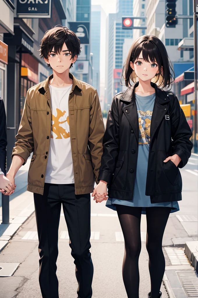 1girl, 1boy, holding hands