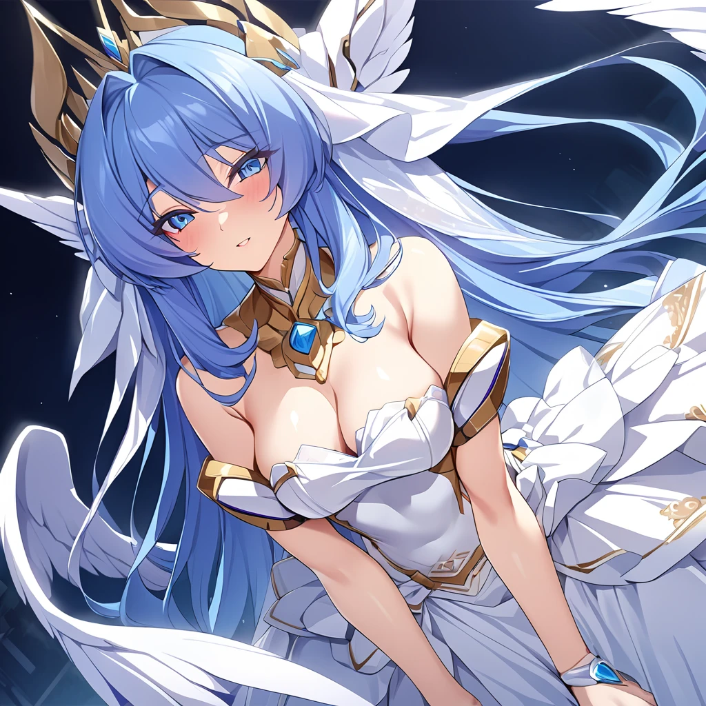 ((Highest quality)), ((masterpiece)), (detailed), (Perfect Face)、Women are angels6Archangel and goddess Extia with wings and a halo on her head.、The woman is the beautiful Queen of the Gods, Goddess Extia, with medium-long blue hair. She is wearing a gorgeous white wedding dress with gold embroidery and trim, a white wedding veil, an engagement ring, and gorgeous accessories. She is an elegant goddess and a beautiful queen of the gods.