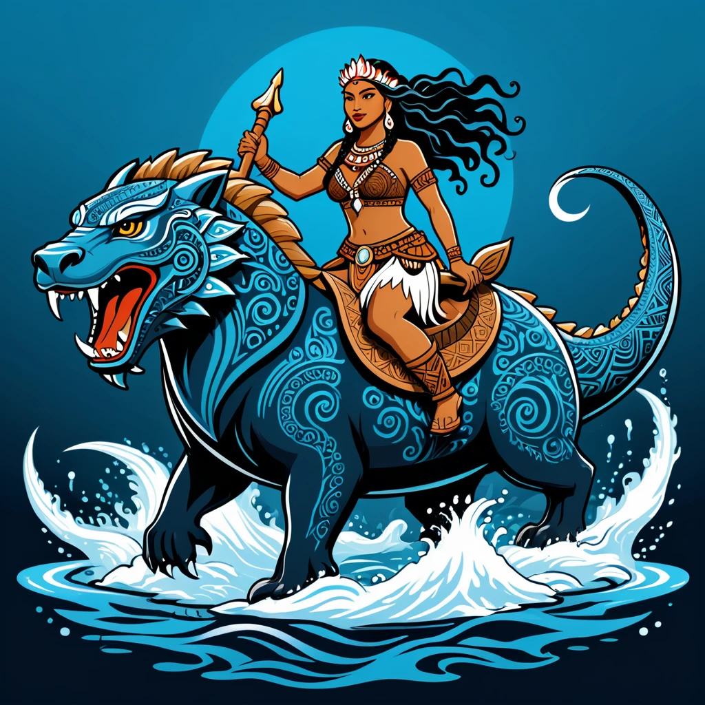 viking amazon in maori folk outfit, riding a water beast, vector graphics, strong contours