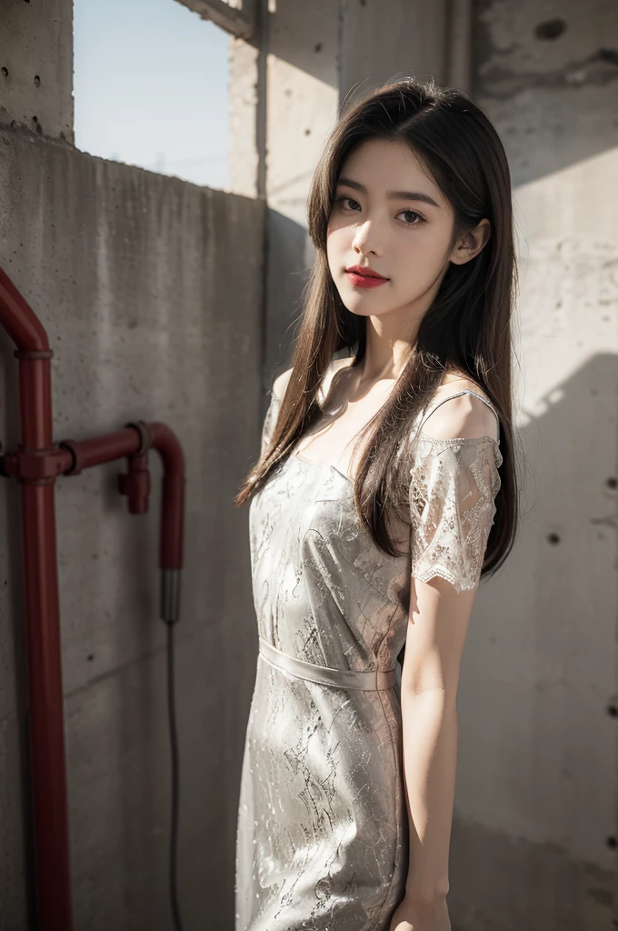 (((best quality))),(((ultra detailed))),(((masterpiece))),illustration,((1 beautiful girl,solo)),((slim,thin)),((small breasts,flat chest)),(shoulder length straight hair:1.2),summer afternoon,((unfinished concrete room,alluring,gray walls)),(short sleeves:1.2),(black lace dress:1.3),(slender legs:1.2),seductive,elegant,full bosom,fair skin,golden strands,delicate features,deep brown eyes,mischief,mystery,enchanting smile,vibrant red lips,serene beauty,self-assuredness,industrial ambiance,raw cement walls,exposed pipes,sexuality,allure,refined beauty,compelling visual narrative,seductive gaze,elegant posture,industrial backdrop,lasting impression,((standing,from front,upper body))
