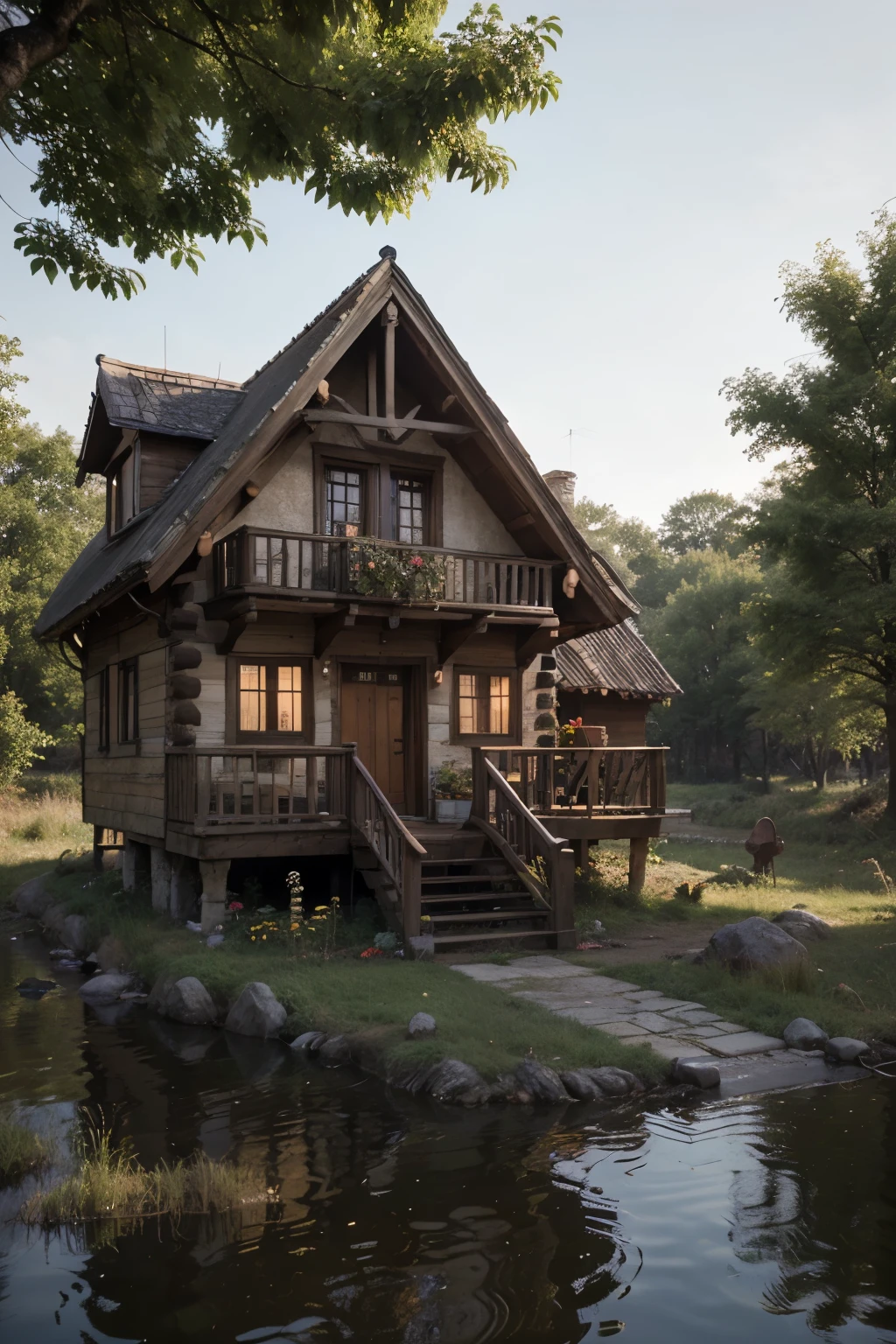 an image of a green house with a boat on the water in front of it, fantasy house, beautiful render of a fairytale, fantasy matte painting,cute, elves house, fairy tale place, beautiful 3 d concept art, beautiful house on a forest path, idyllic cottage, 4k highly detailed digital art, dream scenery art, cottage in the forest, whimsical fantasy landscape art, beatiful house, inspired by Evgeny Lushpin, gorgeous 3d render, the house in the forest, fantastical setting, by Gediminas Pranckevicius, house in the wood, beautiful 3d render.expand the image to fill the all canva
