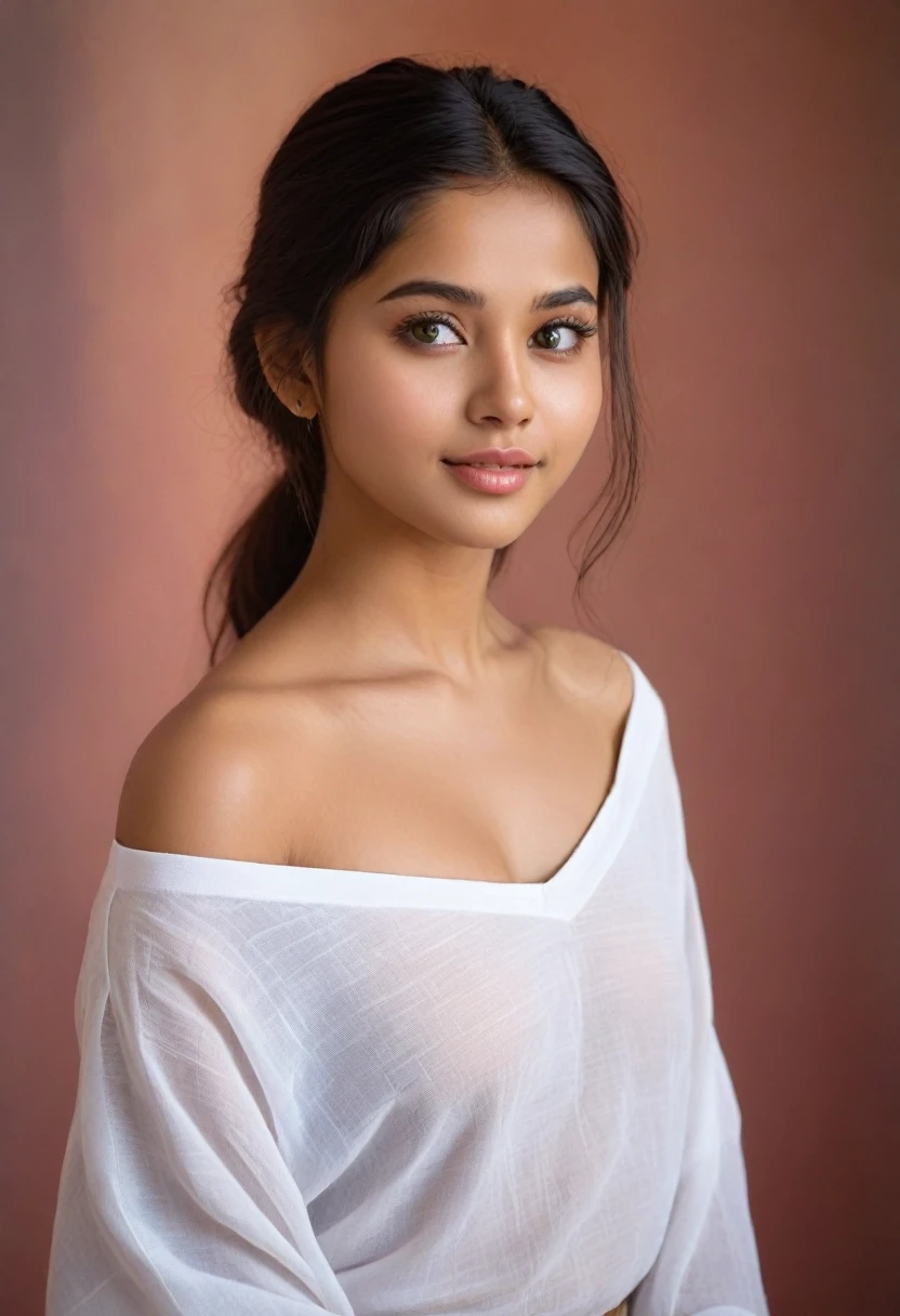 (best quality,4k,8k,highres,masterpiece:1.2),ultra-detailed,(realistic,photorealistic,photo-realistic:1.37),beautiful detailed eyes,beautiful detailed lips,extremely detailed eyes and face,long eyelashes,melancholic expression,soft lighting,subtle color tones,portrait,teenager,-yeld gigorgeous dark hair,smooth skin,south Asian beauty,natural beauty,shy smile,vibrant background,ethereal atmosphere,gentle hand gestures,fresh and youthful,delicate feminine features,artistic interpretation,honest and authentic,captivating charm,sensitively portrayed,subtle emotions,sublime beauty,subtle shadows,masterful brushstrokes,fine art quality,paint-like texture,romantic ambiance,fashionable outfit,casual elegance,stylish attire,vivid colors,pearlescent highlights,graceful pose,celestial presence,majestic yet intimate composition,immersive aesthetic,zen-like tranquility,alluring gaze,sophisticated beauty,serene gaze,graceful movement,sublime femininity,artistic masterpiece.