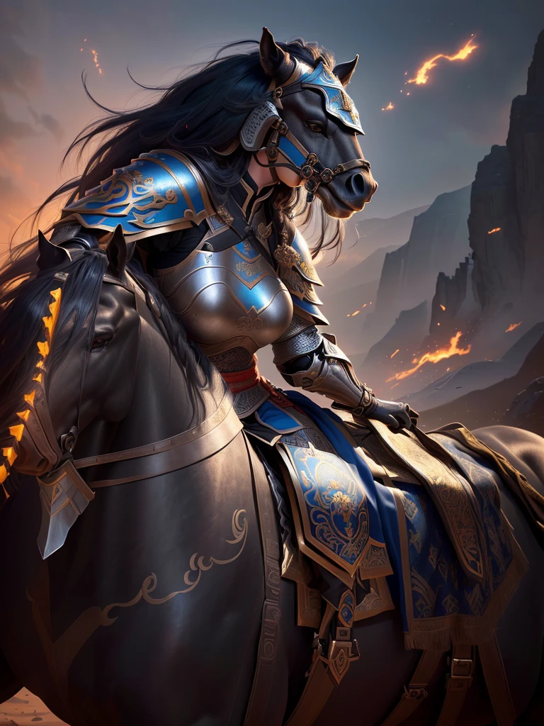 (a close up of a woman in armor riding a horse), zhao yun, mongol, genghis khan, xianxia hero, guan yu, naranbaatar ganbold, persian warrior, photo of genghis khan, inspired by Fan Kuan, inspired by Huang Shen, inspired by Cao Zhibai, inspired by Zhao Yuan, , Highly detailed CG unit 8k wallpaper, masterpiece, High resolution, highest quality, highest quality real texture skin, Super Real, Digital Painting, Best image quality, 最High resolution, 8k, (((Highly detailed eyes and face, Beautiful eyes every detail))), disproportionate breasts, huge breasts, sagging breasts, gigantic breasts, black hair, 