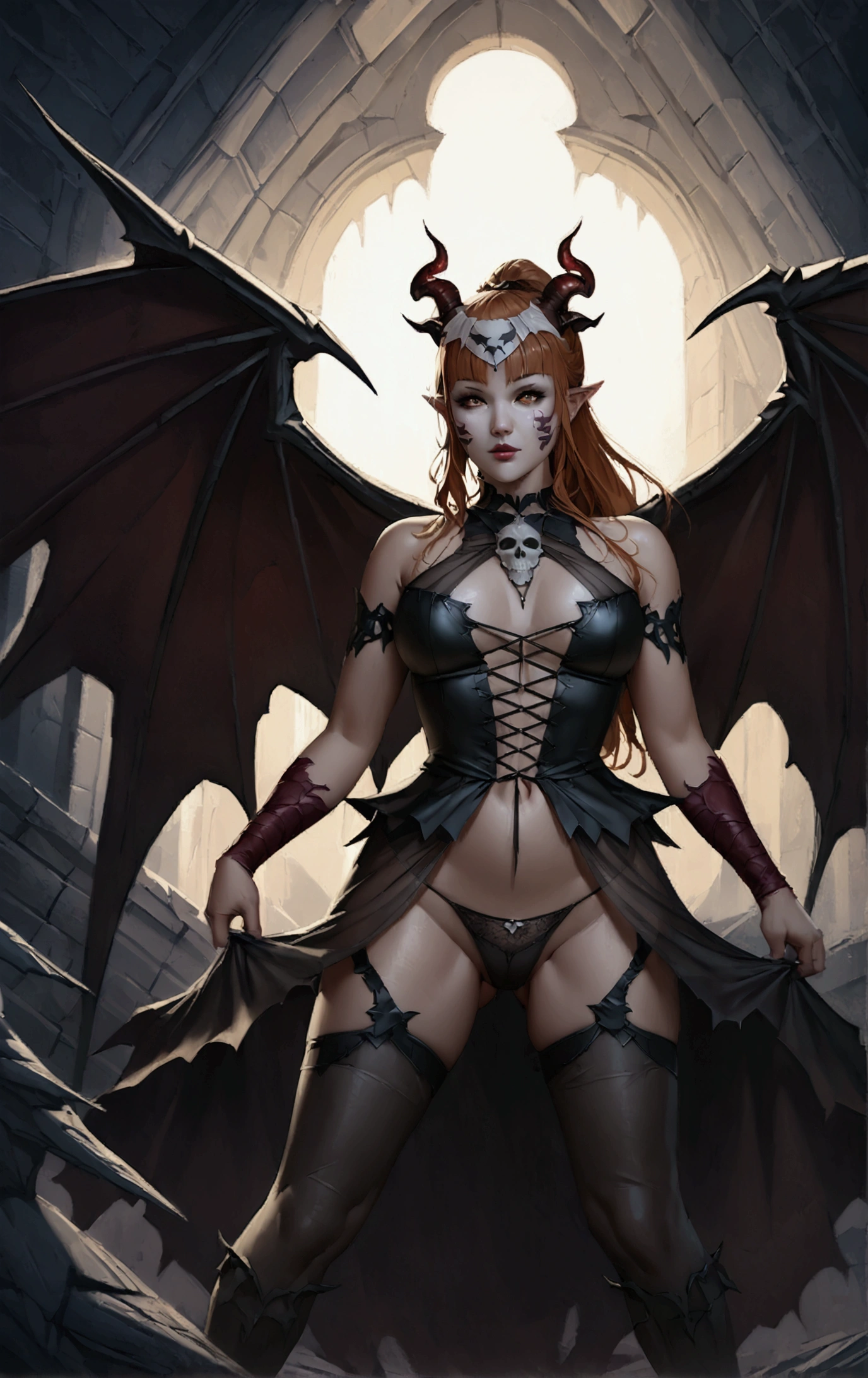 Photo realistic, panties focus, ultra-detailed, 1girl, mature, milf, 50 years old, full body portrait, ancient succubus, athletic, day of the dead facepaint, sexaually aggressive, white high ponytail hair, straddling over the camera with legs spread wide open, open legs, see through lowleg panties, firey, dragon scale demon wings, horns, fire and brimstone eruprions, scary detailed art in color, aroused expression, busty, curvy hips, sexy, alluring, posing with open legs, sheer hipster panties, highly detailed fantasy art, beautiful fantasy art portrait, intricate detailed digital art, highly detailed digital painting, digital art fantasy art, mark brooks detailed, detailed fantasy digital art, amazing detail digital art, close-up portrait demoness skull,