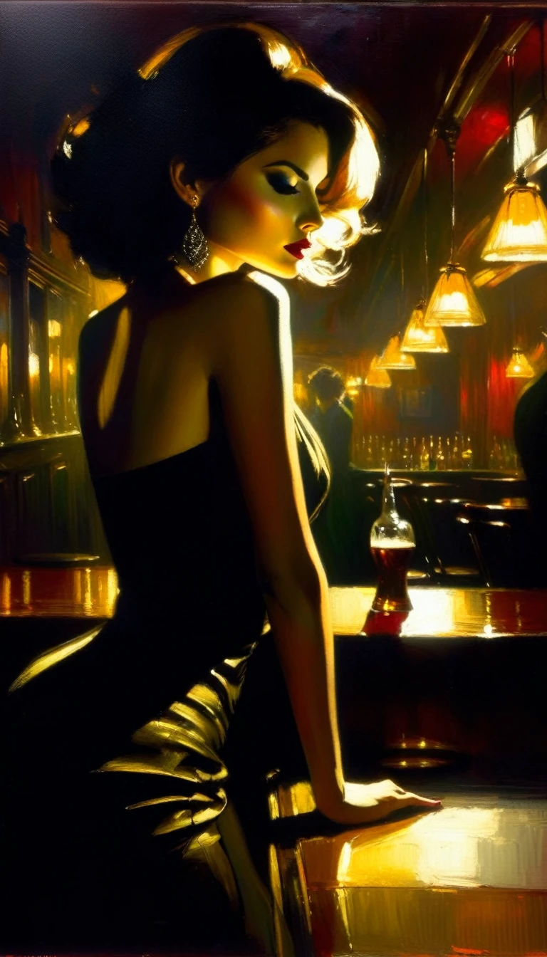 elegant and sexy girl in a pub between shadows, oil painting, chiaroscuro, sensual, dramatic lighting, moody atmosphere, (art inspired by Bill Sienkiewicz). oil painting)