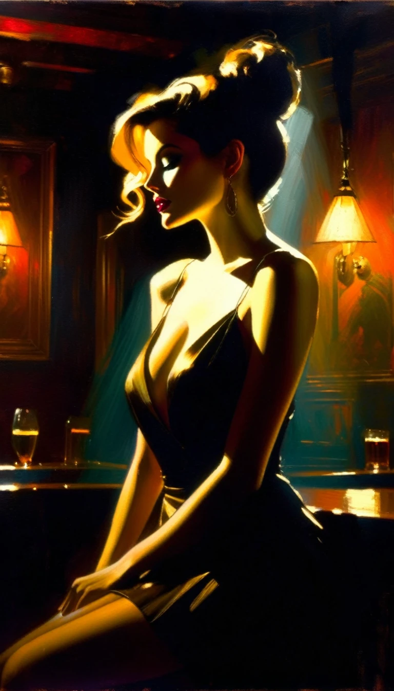 elegant and sexy girl in a pub between shadows, oil painting, chiaroscuro, sensual, dramatic lighting, moody atmosphere, (art inspired by Bill Sienkiewicz). oil painting) 