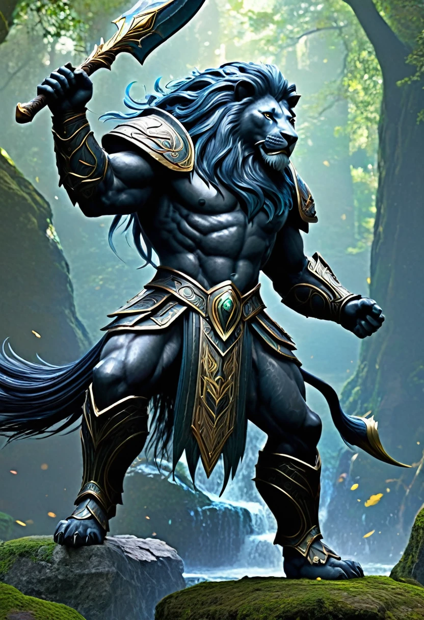 "Powerful figure," "ornate dark armor," "large battle axe," "spectral lion," "flowing mane," "strength and majesty," "warrior's essence," "guardian spirit," "ancient power," "battle-hardened resilience," "legendary warrior," "formidable lord," "courage and royalty."