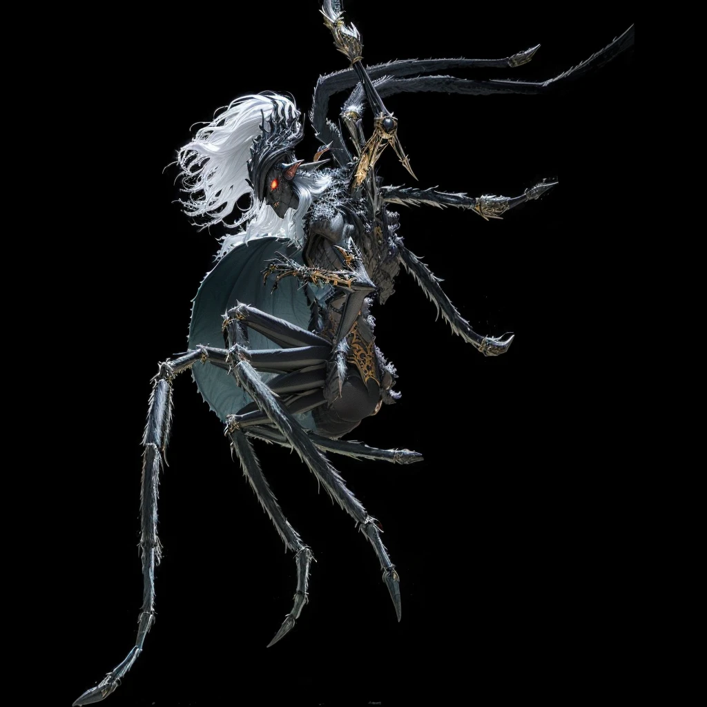 A monster with a black elf upper body and a spider lower body、An illustration