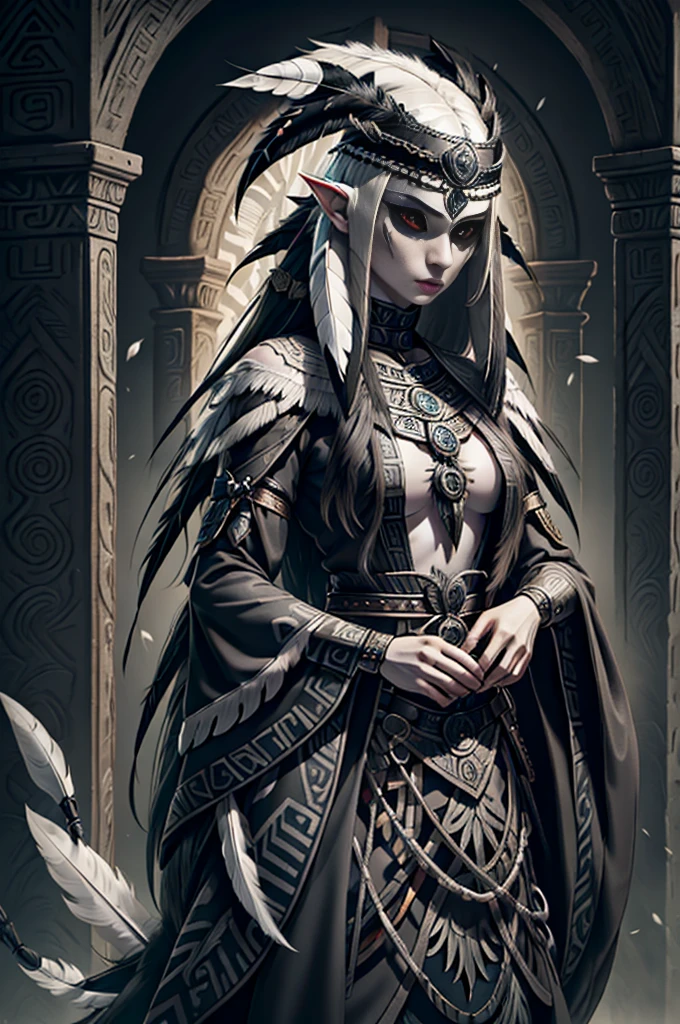 medieval fantasy, female lamia, (black iris), (grey pulil), black snake tail, (long white hairs), ((very pale skin)), ((black feather headress)), feather crown, aztec, azt3ch