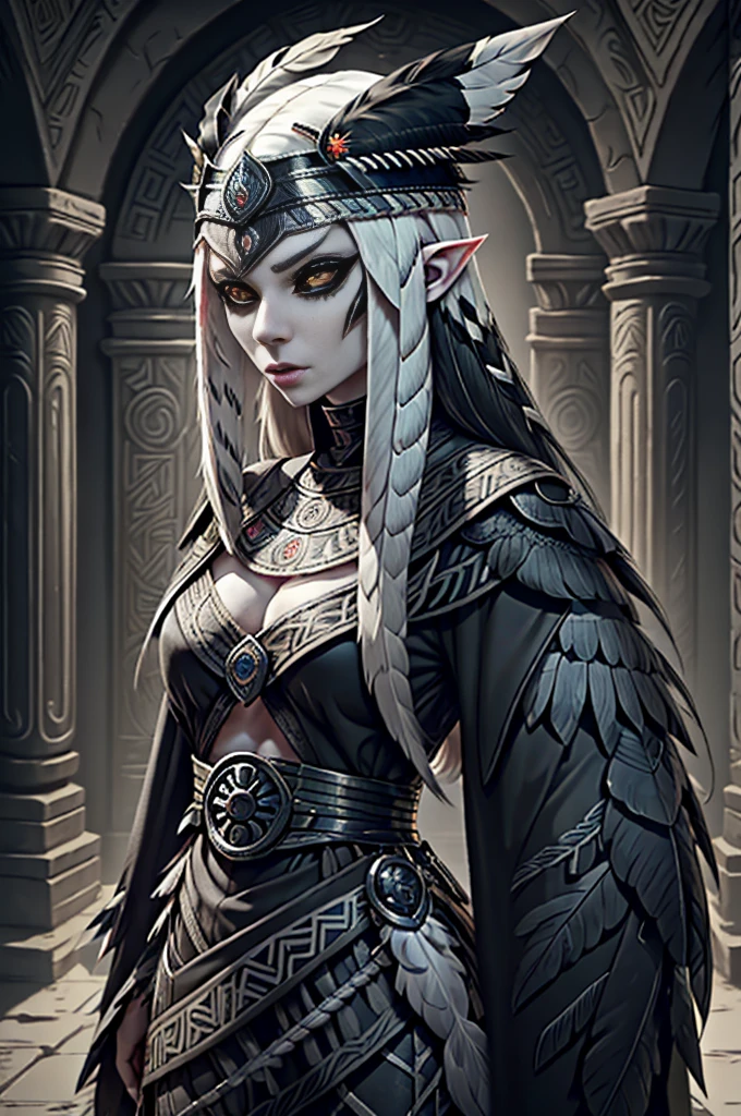 medieval fantasy, female lamia, (black iris), (grey pulil), black snake tail, (long white hairs), ((very pale skin)), ((black feather headress)), feather crown, aztec, azt3ch